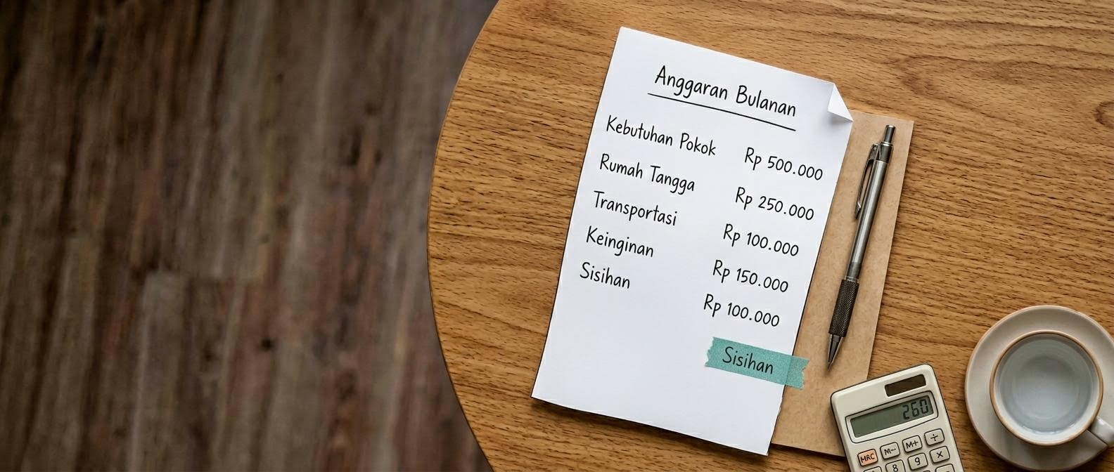 Seseorang menyusun anggaran bulanan di kertas dengan kategori kebutuhan pokok, rumah tangga, dan dana darurat.