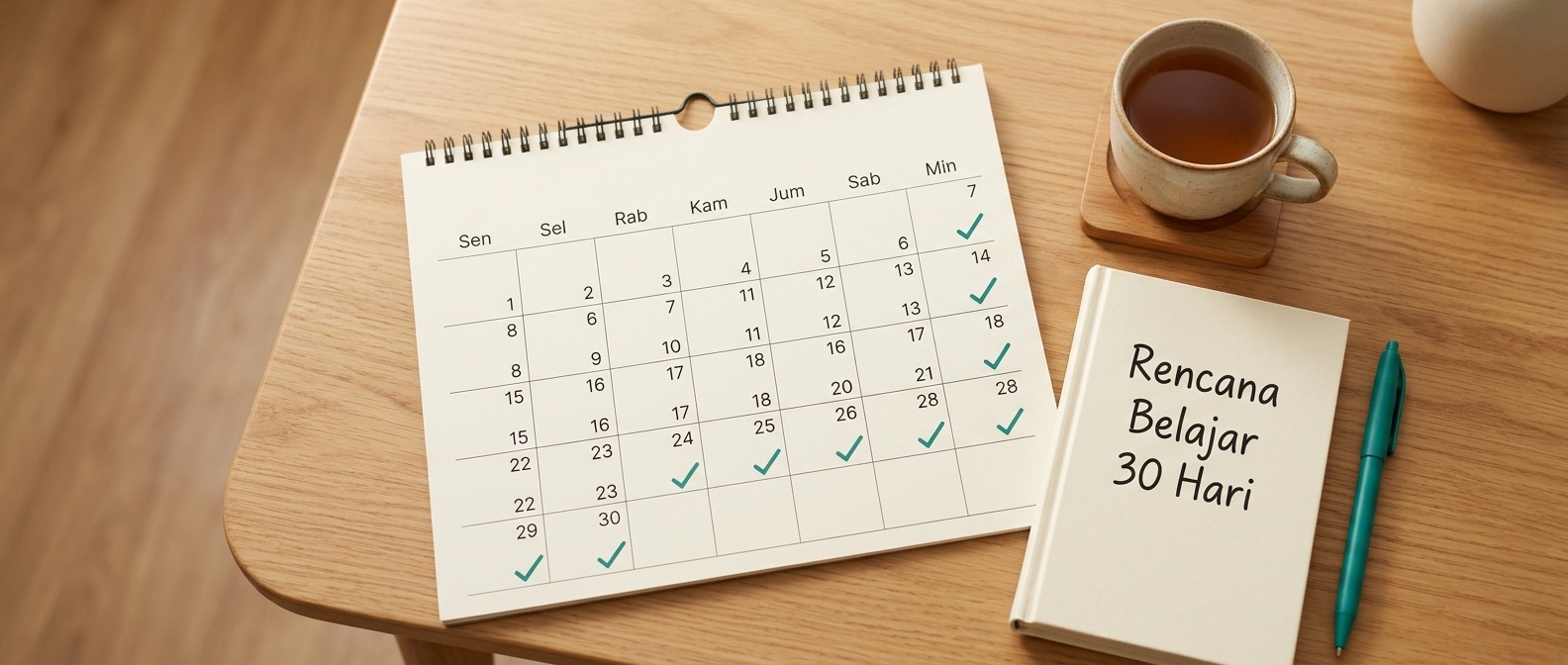 Kalender belajar 30 hari di meja belajar sebagai ilustrasi langkah pertama menyusun rencana belajar keuangan.