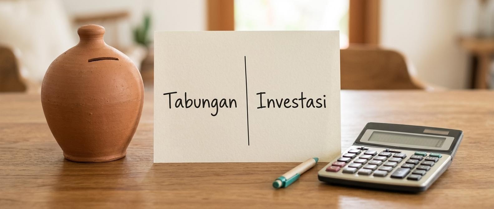 Celengan tabungan rumah tangga di samping kalkulator sebagai ilustrasi perbedaan tabungan dan investasi.
